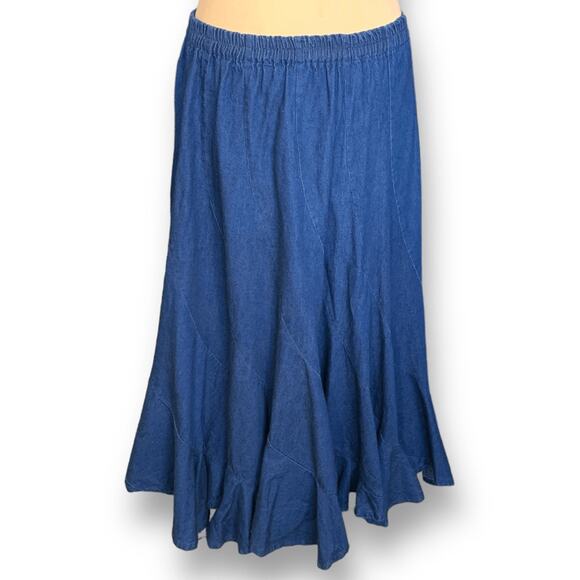 90s Alfredo’s Wife Denim Maxi Skirt Blue Tiered Flowy Boho Medium Wash Jean - Picture 9 of 9
